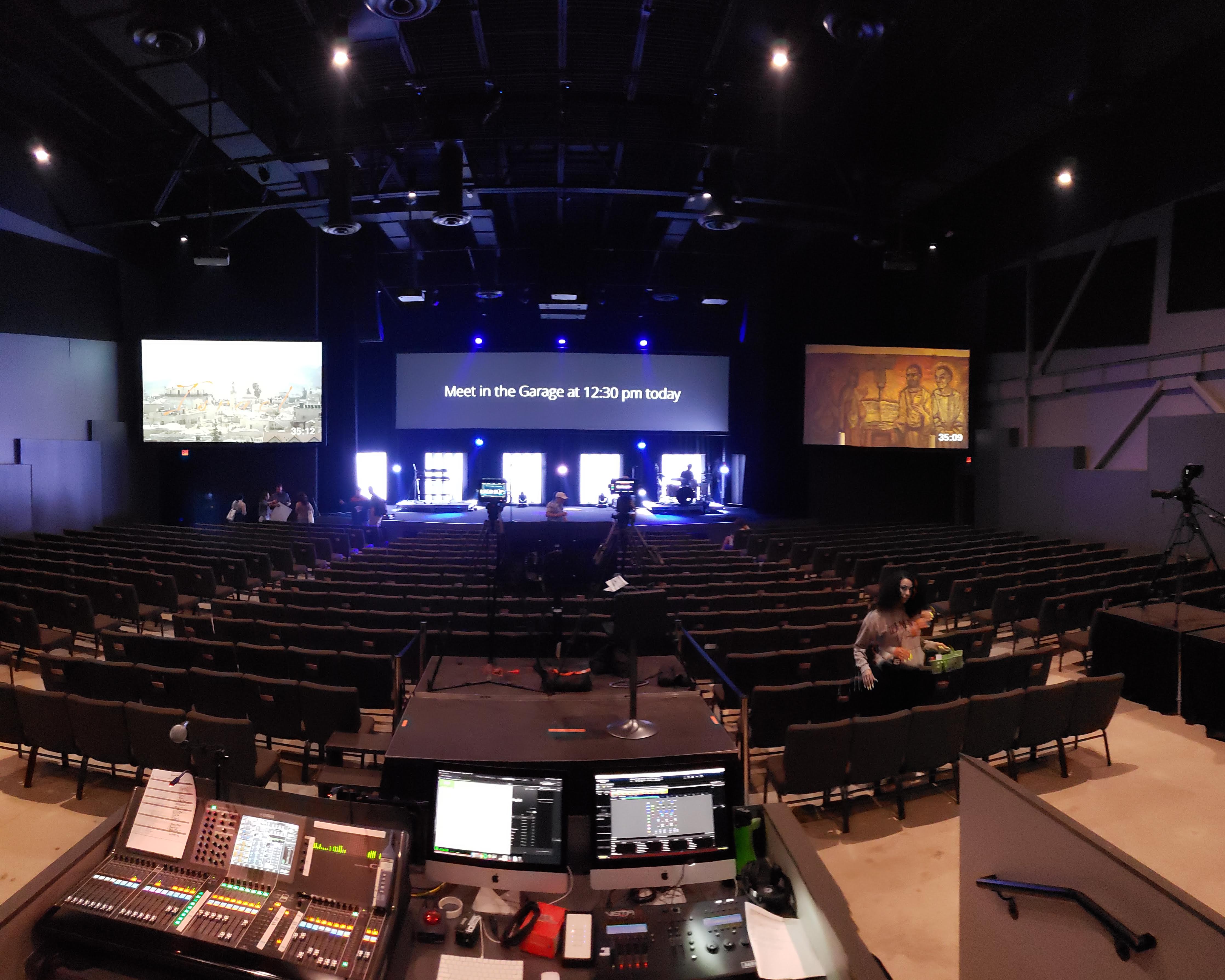Worship auditorium with DiGiCo console and stage lighting